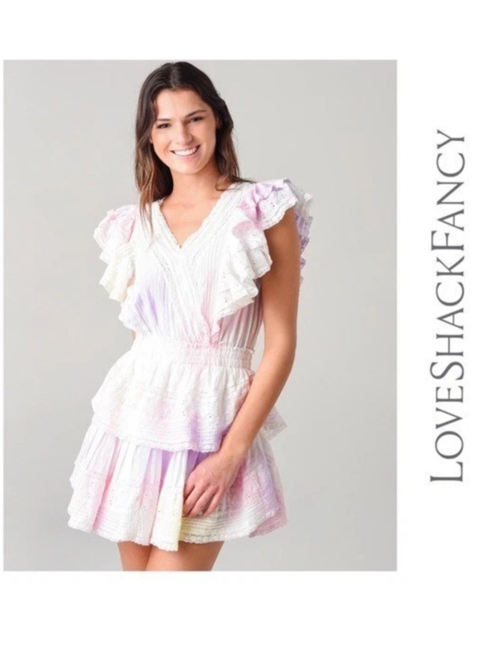 New! LoveShackFancy Gwen Tie Dye Lace Ruffle Cotton Mini Dress in Pink White - Picture 3 of 13